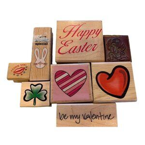 Wooden Rubber Stamp Lot - Happy Easter Valentine Hearts Clover Bunny Cupid